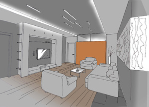 Заказать Блиц-дизайн интерьеров онлайн для людей строящих свой дом, квартиру в г. Мадрид  . Гостиная 30,2 м2. Вид 1