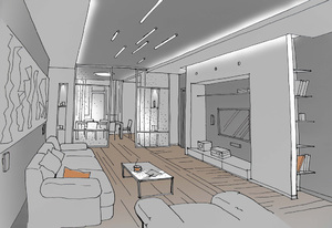 Заказать Блиц-дизайн интерьеров онлайн для людей строящих свой дом, квартиру в г. Мадрид  . Гостиная 30,2 м2. Вид 2